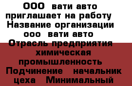                      ООО “вати-авто “ приглашает на работу. › Название организации ­ ооо “вати-авто“ › Отрасль предприятия ­ химическая промышленность › Подчинение ­ начальник цеха › Минимальный оклад ­ 16 000 › Максимальный оклад ­ 20 000 › Возраст от ­ 18 - Волгоградская обл., Волжский г. Работа » Вакансии   